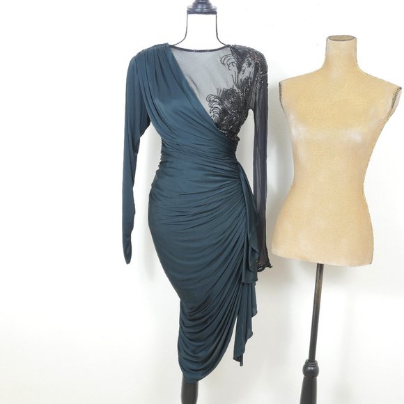 Tadashi Shoji Dresses & Skirts - Tadashi Black Ruched Ruffled Beaded Sheer Arm Art Deco Size 4 Evening Sexy Dress